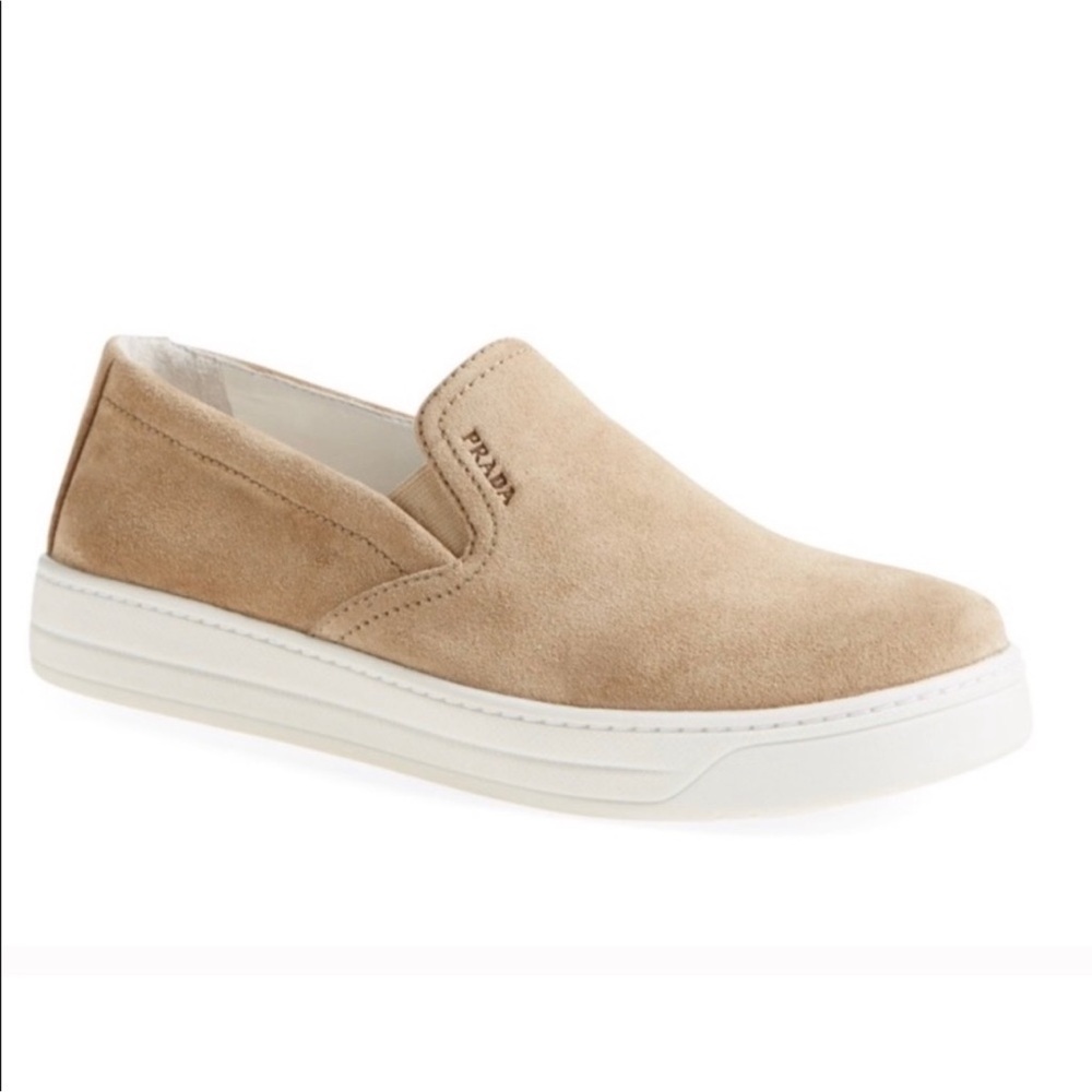Authentic Prada Tan Suede Slip On Logo Shoes